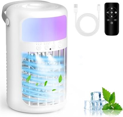 Portable Air Conditioner, 2026 Upgraded 4-IN-1 Portable Ice Fan with 3 Cooling Speeds & 1500ml Water Tank, 2 Cool Mist Ultra-Quiet Desktop AC Fan with Remote & 2-8H Timer for Bedroom, Office, Home