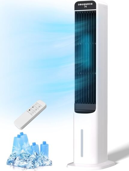 Portable evaporative air cooler tower with LED touch panel